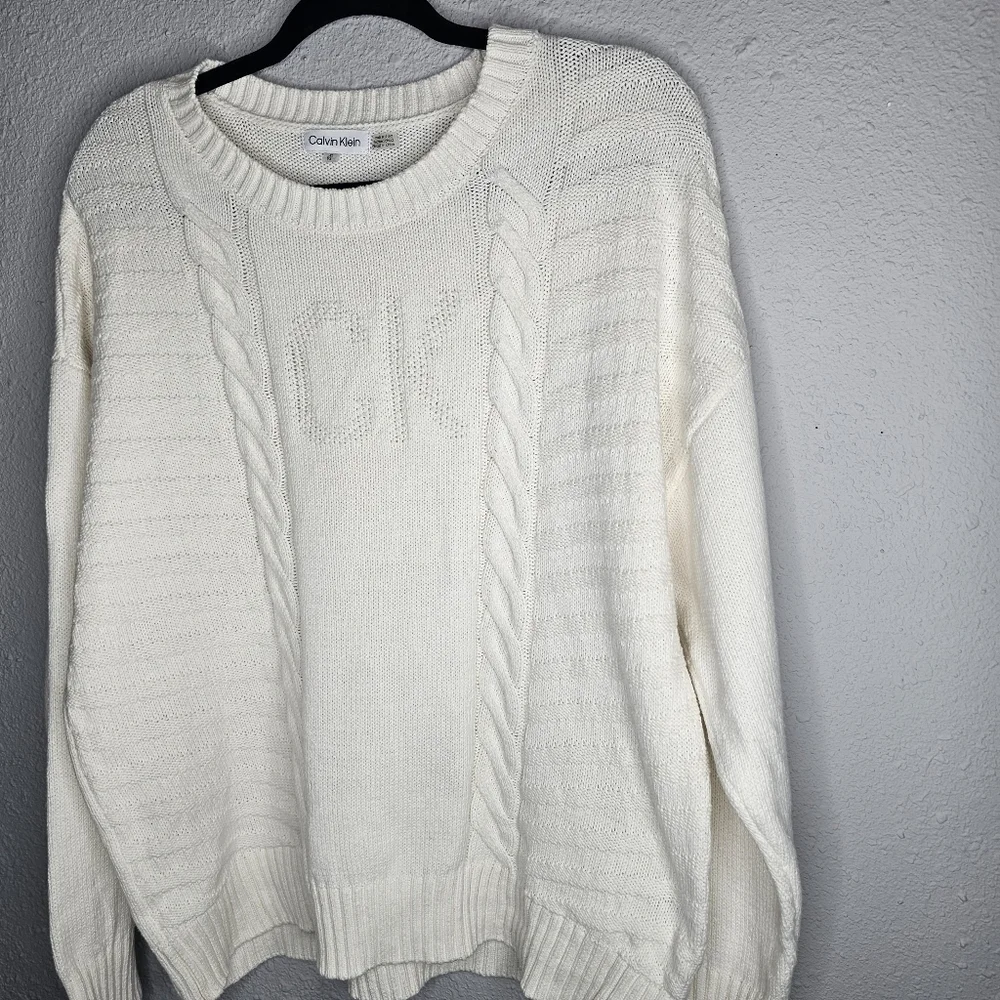 Calvin Klein Ivory Sweater Womens XL Cable Knit Preppy Luxury Logo Quiet Luxury‎ - Picture 2 of 11